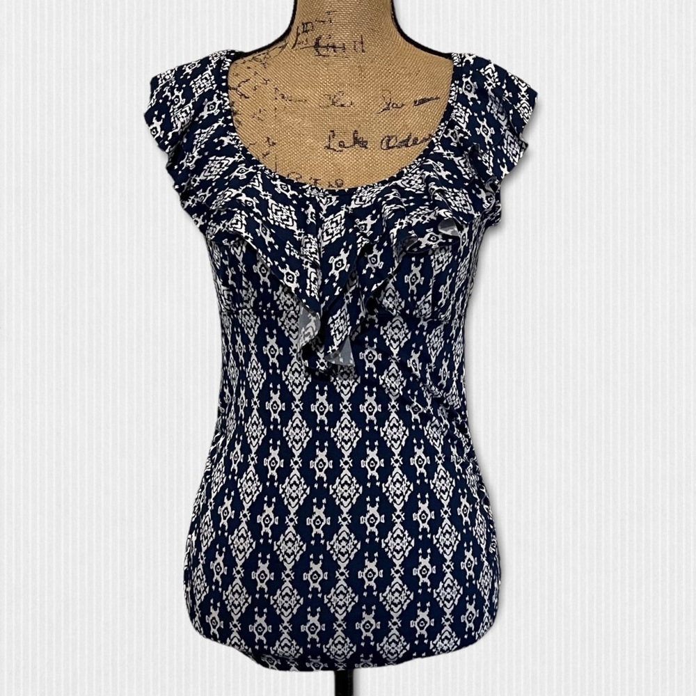 Navy Blue Pattern Scoop Ruffle Neck Blouse - Picture 2 of 6
